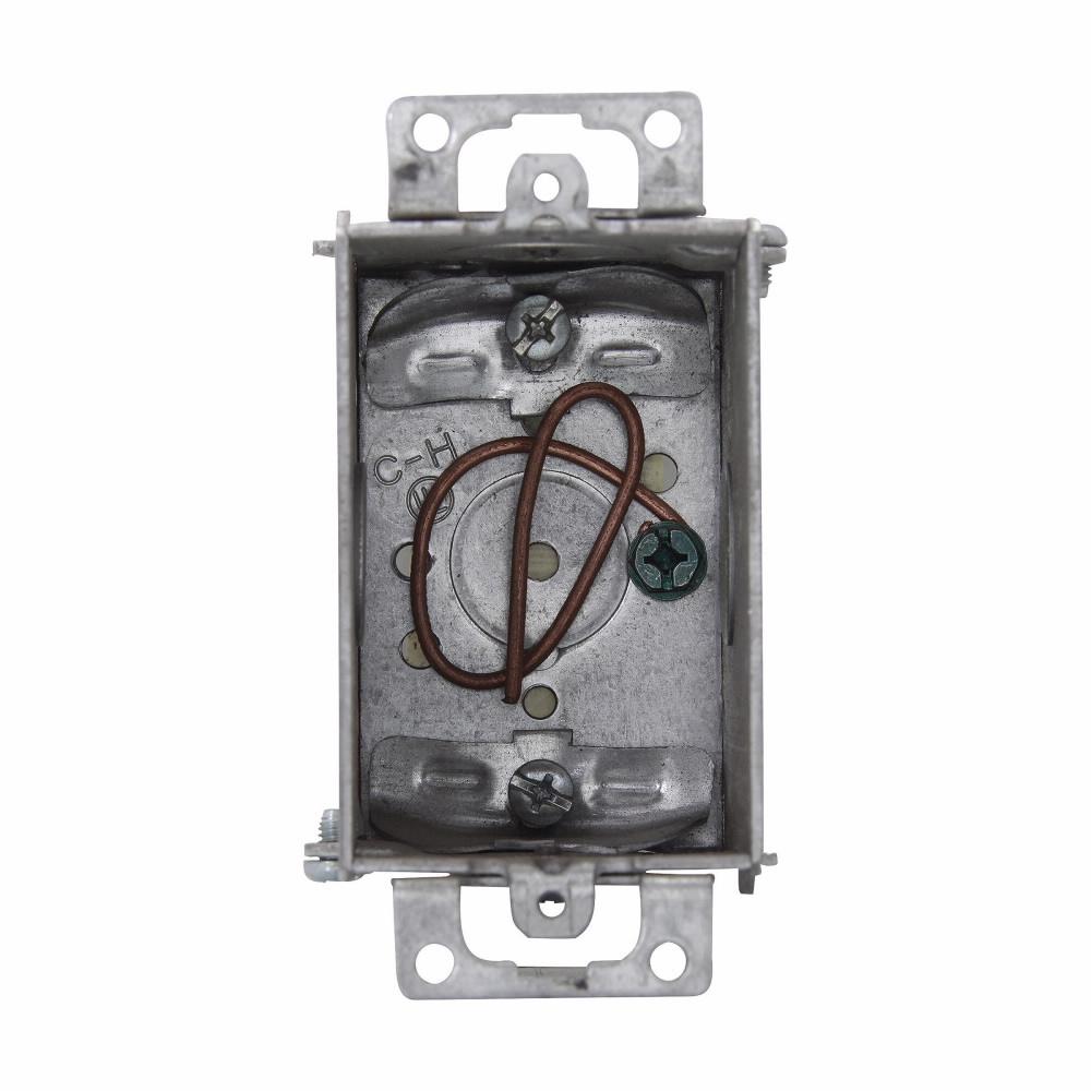 Eaton Corp TP115 Eaton Crouse-Hinds series Switch Box, (1) 1/2", 2, NM clamps, 2-1/2", 2-cable, Steel, Ears, Ground pigtail, Gangable, 12.5 cubic inch capacity