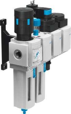 Festo 541472 service unit combination MSB6N-1/2:J1M1D1A1-WP Consisting of filter regulator, lubricator, electrical on-off valve, pneumatic soft-start valve and wall mounting plate. 12 bar maximum output pressure, 40 µm filter, with pressure gauge, lockable regulator h