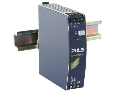 Puls CS5.241 Puls CS5.241 delivers reliable power in a compact form, offering an output of 24-28 VDC, 5A, and 120W. This single-phase PSU supports an input voltage range of 100-120 VAC with a 2A current input, achieving an impressive efficiency of 90.2%. Its slim profile, measuring just 32mm in width, 124mm in height, and 117mm in depth, makes it perfect for tight spaces on any DIN rail setup. Ideal for diverse industrial applications, the CS5.241 combines performance with efficiency in a small footprint.