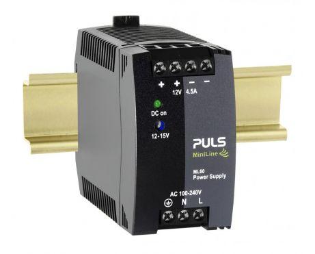 Puls ML60.121 Power Supply, 54W, 100-240VAC  1PH, 12-15VDC, 4.5-3.6A