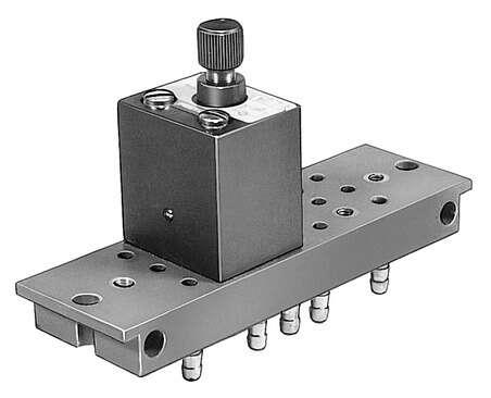 Festo 4565 one-way flow control valve GRF-PK-3 With sub-base 2n and barbed fitting for tubing ND 3. Valve function: One-way flow control function, Pneumatic connection, port  1: PK-3, Pneumatic connection, port  2: PK-3, Adjusting element: Knurled screw, Mounting ty