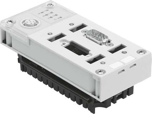 Festo 526172 bus node CPX-FB11 for modular electrical terminal CPX. Dimensions W x L x H: (* (including interlinking block), * 50 mm x 107 mm x 50 mm), Fieldbus interface: (* Sub-D socket, 9-pin, * Sub-D plug, for self-assembly, * MicroStyle: 2x M12x1, 5-pin, * OpenSt