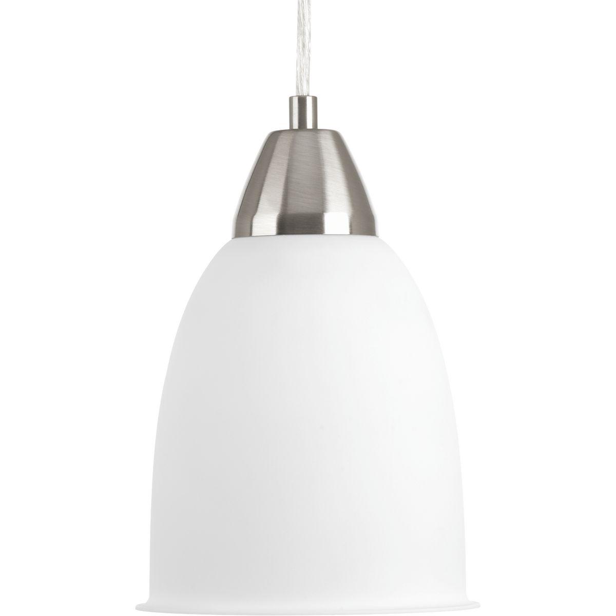 Hubbell P5176-0930K9 One-light cord-hung pendant with an LED source that is neatly tucked inside a frosted acrylic shade. A light commercial pendant ideal for restaurants, bar and hotel applications. Brushed Nickel finish.  ; Light commercial LED pendant. ; Frosted acrylic sh
