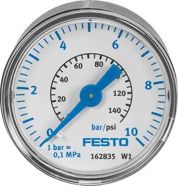 Festo 162835 pressure gauge MA-40-10-1/8-EN With display unit in bar and psi. Indicating range [bar]: 0 - 10 bar, Conforms to standard: EN 837-1, Nominal size of pressure gauge: 40, Design structure: Bourdon-tube pressure gauge, Mounting type: Line installation