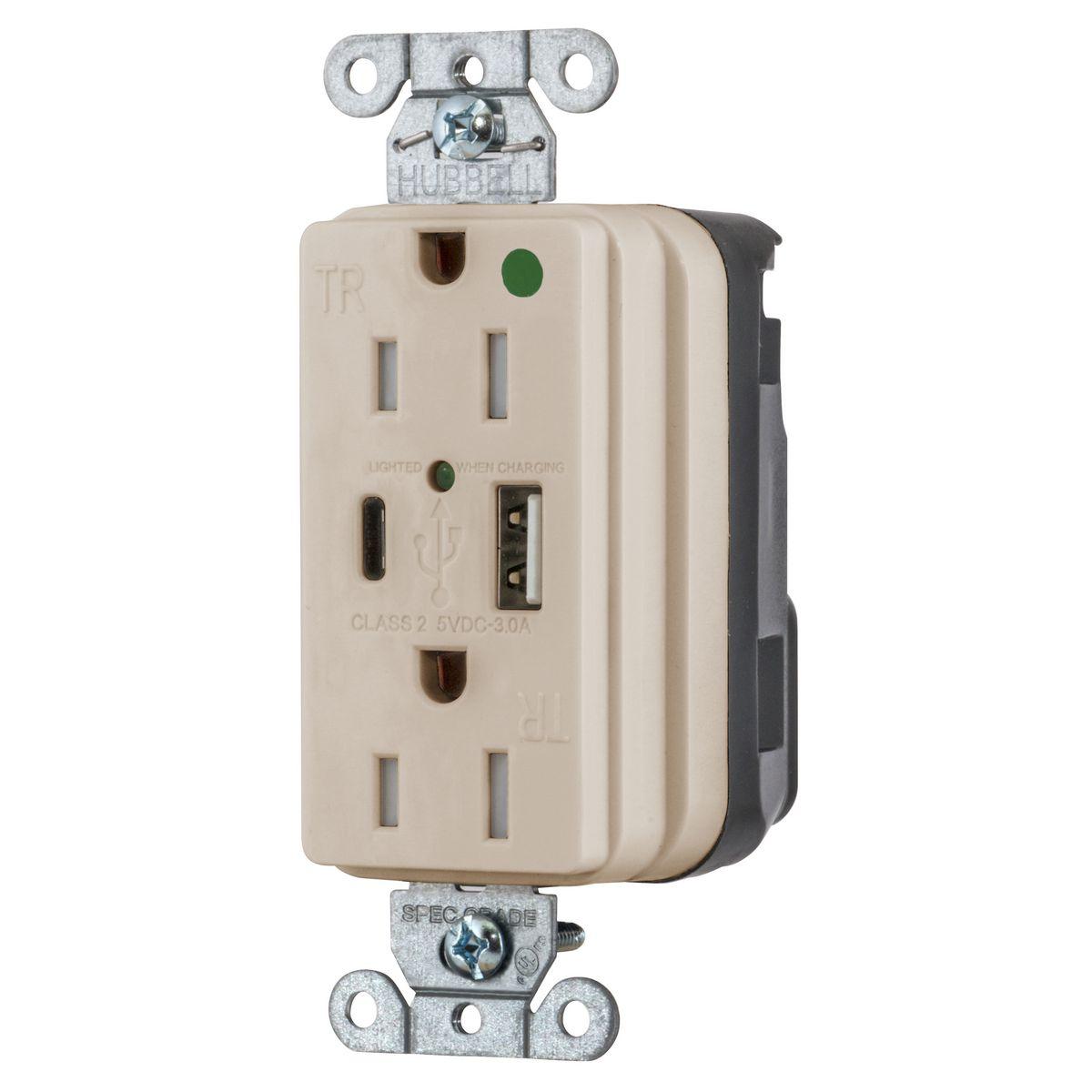 Hubbell SNAP8200UACLA Hubbell Wiring Device Kellems, Straight Blade Devices, SNAP-ConnectDecorator Duplex, USB Charger Receptacle, Hospital Grade, 15A 125V, 2-Pole 3-Wire Grounding, 5-15R, 5A "A" and "C" Charger Ports, Light Almond 