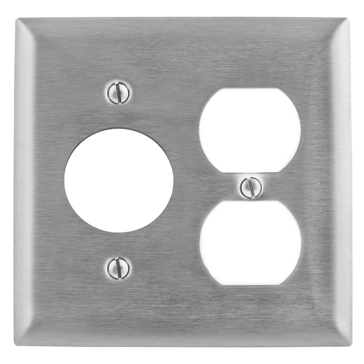 Hubbell SS8720 Wallplates and Boxes, Metallic Plates, 2- Gang, 1) Duplex 1) 1.60" Openings, Standard Size, Stainless Steel  ; Ideal for highly corrosive environments ; Non-magnetic ; Protective plastic film helps to prevent scratches and damage ; Protective film helps t