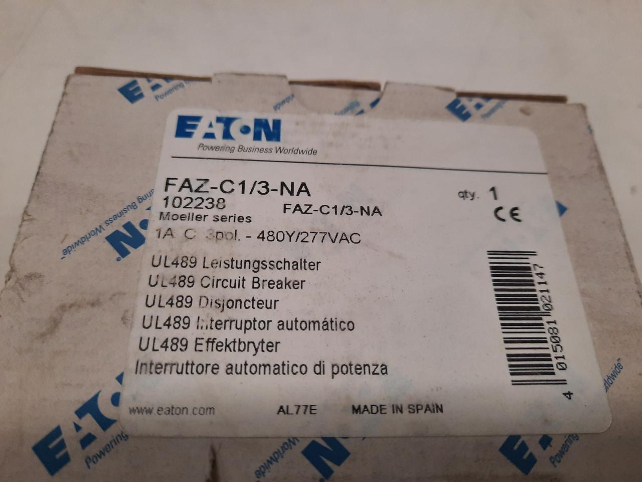 Eaton FAZ-C1/3-NA 277/480 VAC 50/60 Hz, 1 A, 3-Pole, 10/14 kA, 5 to 10 x Rated Current, Screw Terminal, DIN Rail Mount, Standard Packaging, C-Curve, Current Limiting, Thermal Magnetic