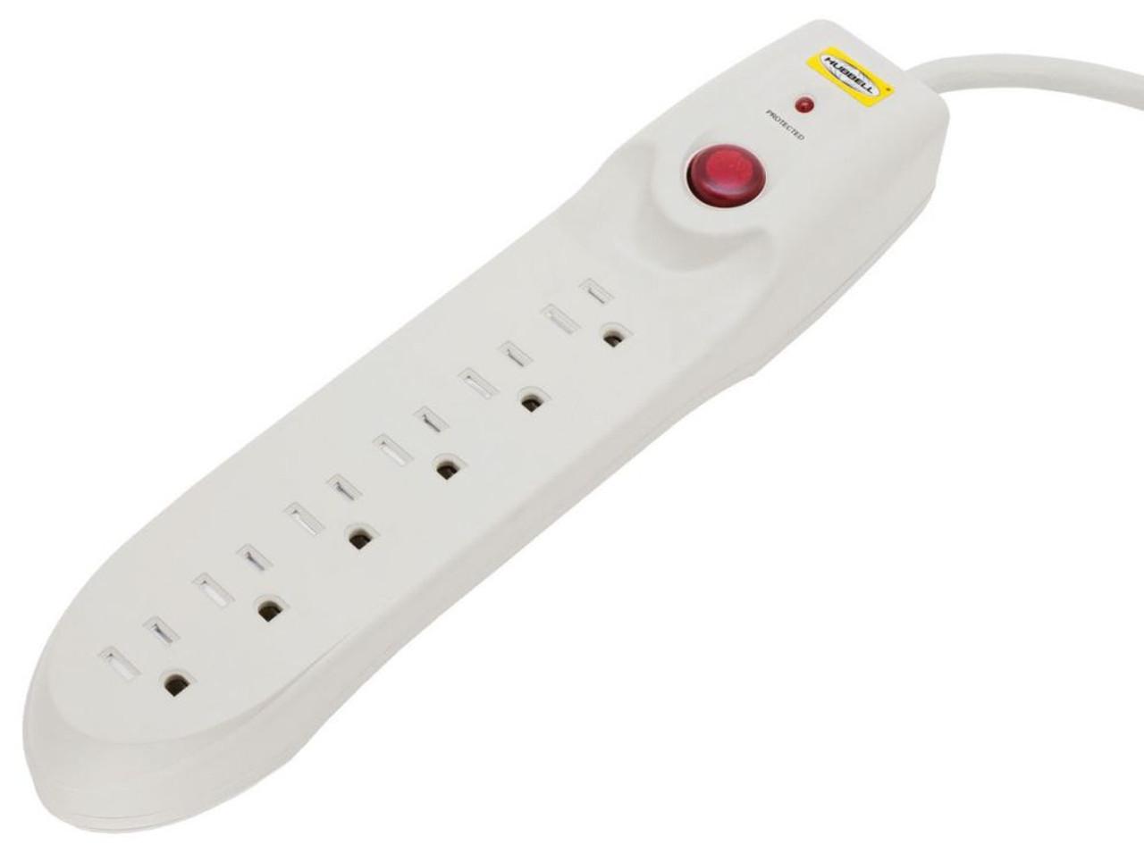 Hubbell HBL6PS35015A Surge Protective Devices, SPIKESHIELD TVSS Plug Strips, 15A 125V, 6 Outlet, 350 Joules, 15' Cord, Office White  ; 1050 joule, 6 foot cord, $5,000 down-line warranty ; Tamper tamper resistant shutters. ; 15' Cord