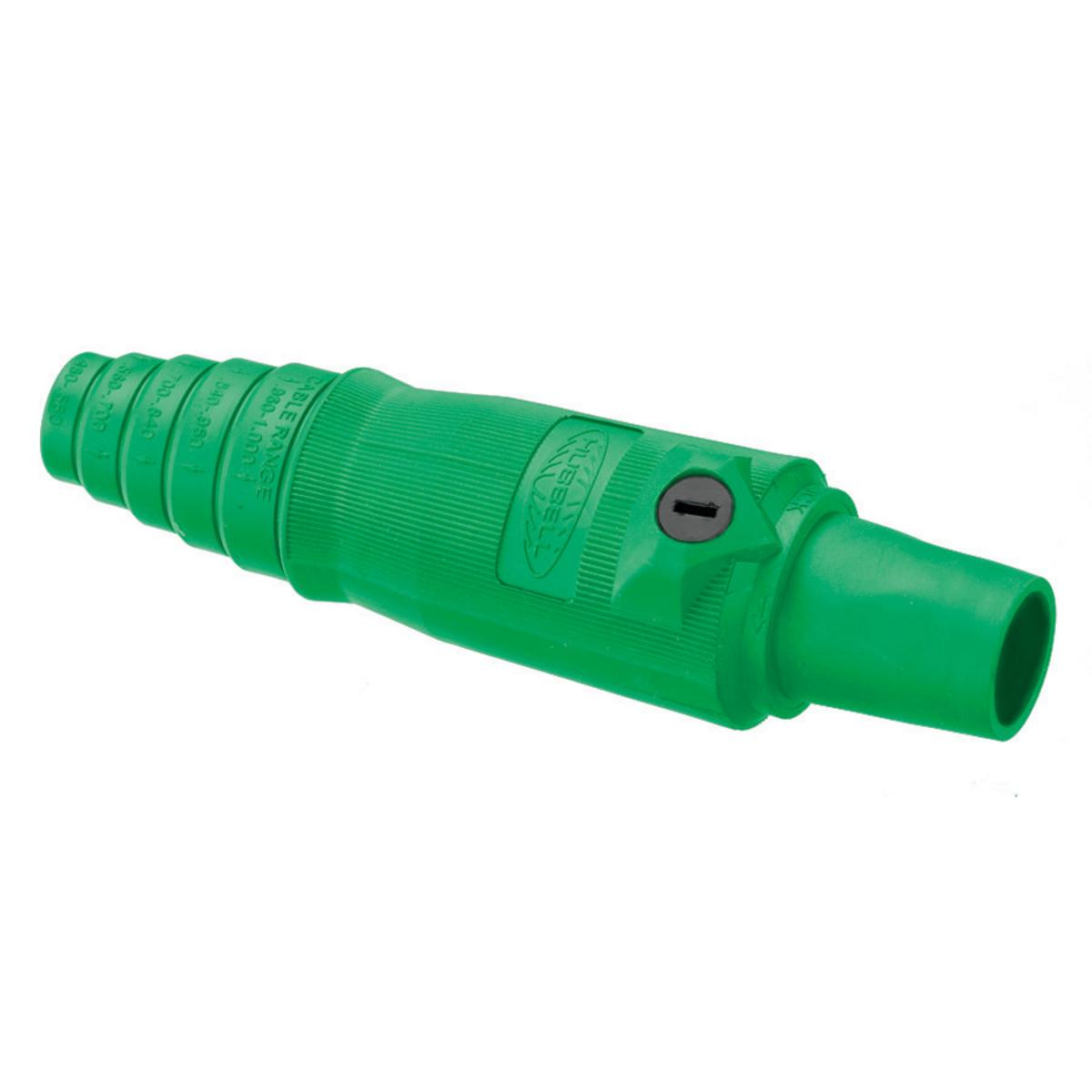 Hubbell HBL400FGN Heavy Duty Products, Single Pole Devices, Industrial Grade, Female, Plug, 400A 600V AC/DC, Single Conductor, Double Set Screws, Green  ; Extra Long non-conductive inner sleeve ; Turn and Lock Symbol aids in the mating of devices ; Easily Identifiable Cabl