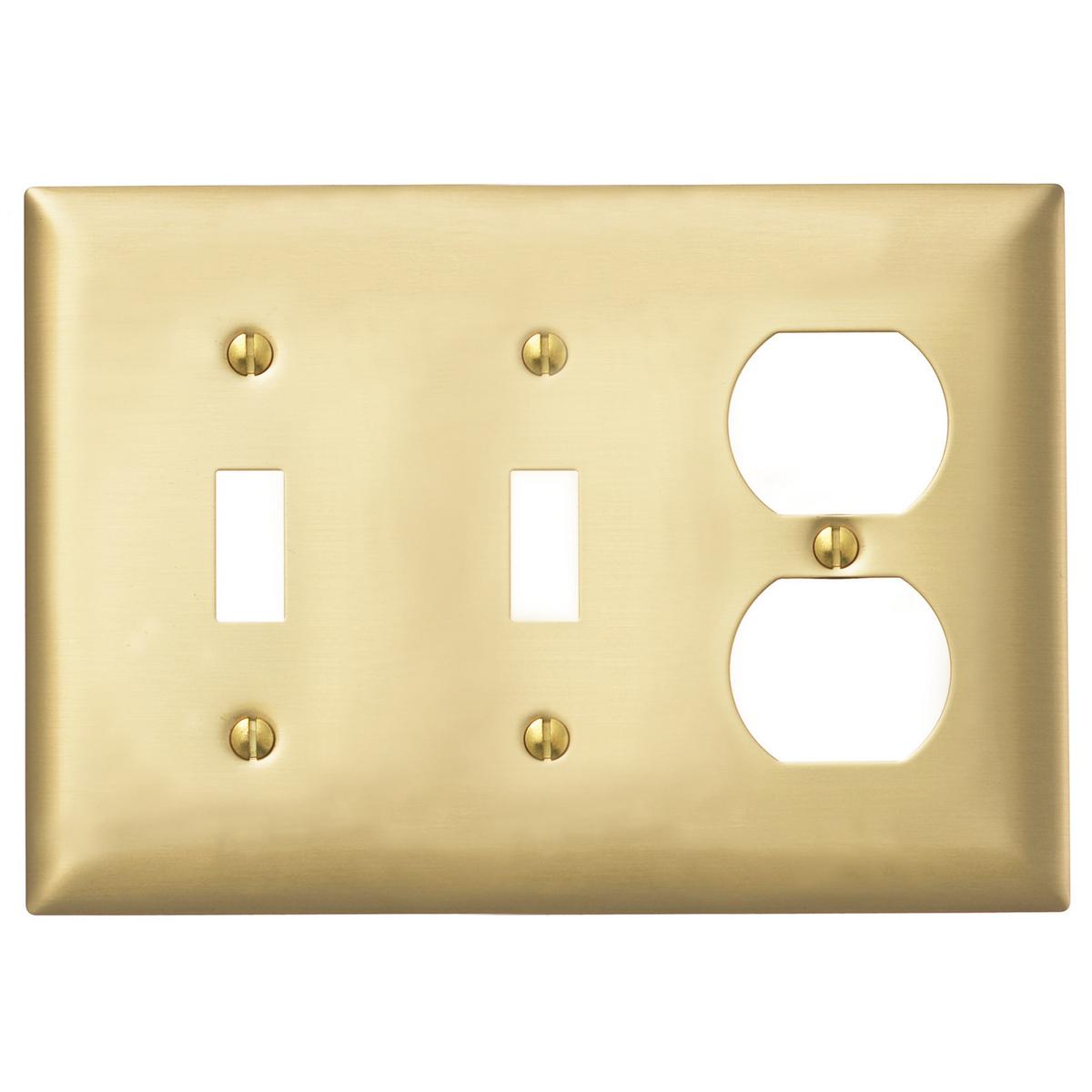Hubbell SBP28 Wallplates and Boxes, Metallic Plates, 3- Gang, 2) Toggle, 1) Duplex, Standard Size, Brass Plated Steel  ; Non-magnetic and corrosion resistant ; Finish is lacquer coated to inhibit oxidation ; Protective plastic film helps to prevent scratches and damage