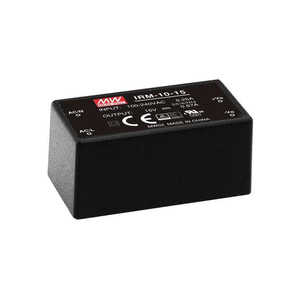 MEAN WELL IRM-10-15 AC-DC Single output Encapsulated power supply; Input 85-264Vac; Output 15Vdc at 0.67A; PCB mount; miniature size