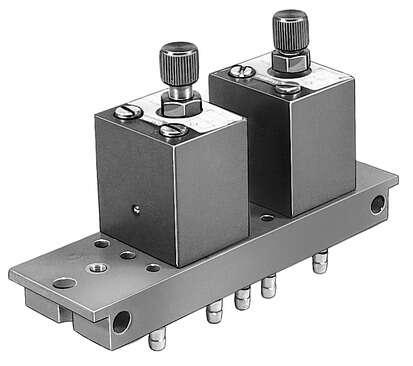 Festo 4566 one-way flow control valve GRF-PK-3X2 With sub-base 2n and barbed fitting for tubing ND 3. Valve function: One-way flow control function, Pneumatic connection, port  1: PK-3, Pneumatic connection, port  2: PK-3, Adjusting element: Knurled screw, Mounting 
