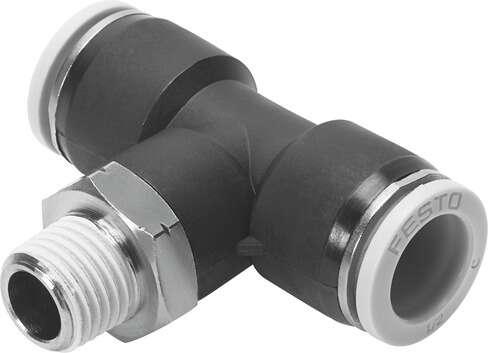 Festo 533316 push-in T-fitting QBT-1/4-3/8-U 360° orientable, male thread with external hexagon. Size: Standard, Nominal size: 0,315 ", Type of seal on screw-in stud: coating, Assembly position: Any, Design structure: Push/pull principle