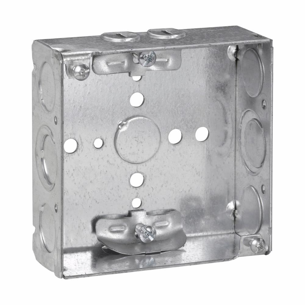 Eaton TP444 Eaton Crouse-Hinds series Square Outlet Box, (1) 1/2", 4", 4, NM clamps, Welded, 1-1/2", Steel, (4) 1/2", (2) 1/2", (1) 3/4" E, 22.0 cubic inch capacity