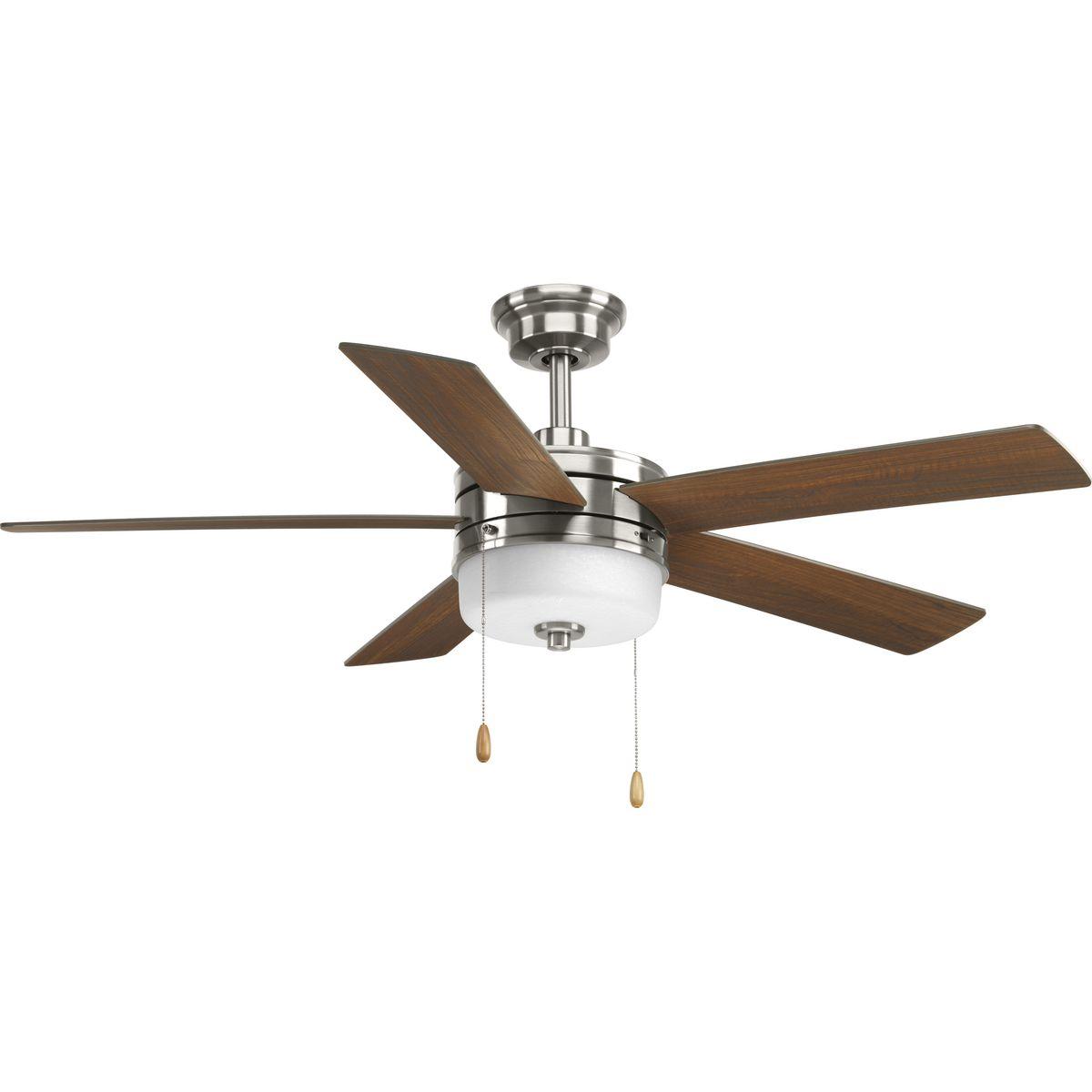 Hubbell P2558-0930K This five-blade 52 inch Verada ceiling fan combines a frosted linen glass shade with a 17W LED source. Five reversible blades in medium cherry and american walnut are included. Verada features a dual mount system and a three-speed pull chain fan switch, a