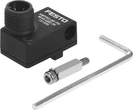 Festo 175825 proximity sensor SMTSO-8E-NS-M12-LED-24 Electric, contactless, NPN, for drives with T-slot, without mounting kit, with M12 plug, welding field resistant design. Design: for T-slot, Authorisation: RCM Mark, CE mark (see declaration of conformity): to EU di