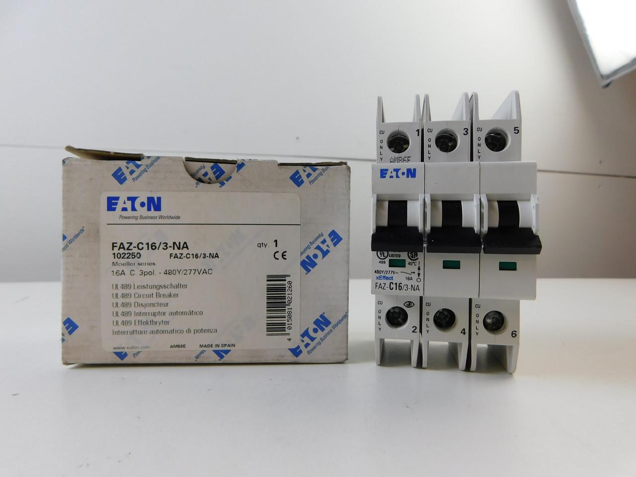 Eaton FAZ-C16/3-NA 277/480 VAC 50/60 Hz, 16 A, 3-Pole, 10/14 kA, 5 to 10 x Rated Current, Screw Terminal, DIN Rail Mount, Standard Packaging, C-Curve, Current Limiting, Thermal Magnetic