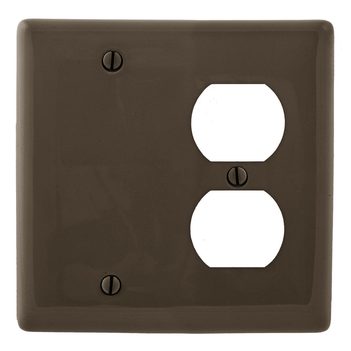 Hubbell NP138 Wallplates and Box Covers, Wallplate, Nylon, 2-Gang, 1) Duplex 1) Blank, Brown  ; Reinforcement ribs for extra strength ; High-impact, self-extinguishing nylon material ; Captive screw feature holds mounting screw in place ; Standard Size is 1/8" larger t