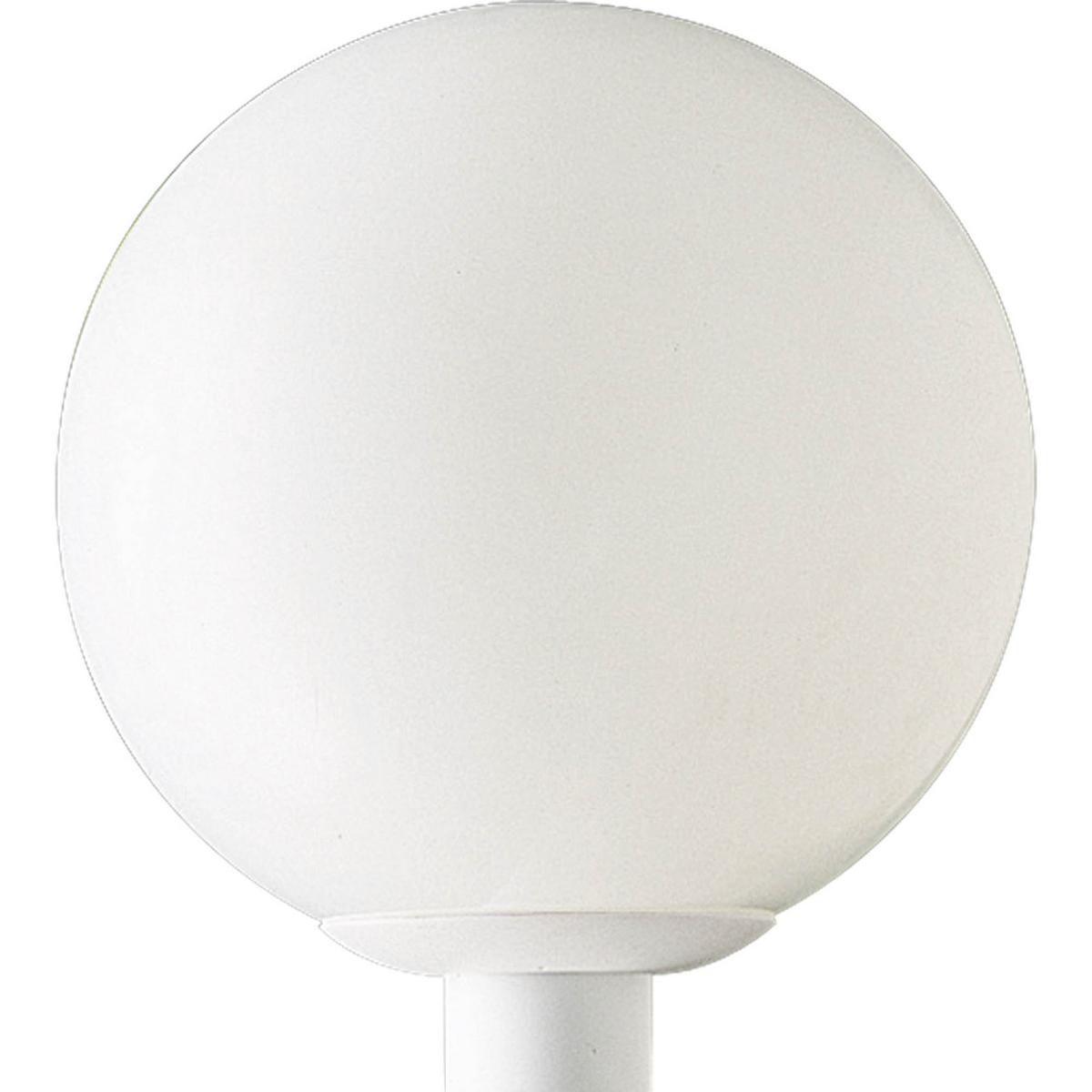 Hubbell P5426-60 12 inch post lantern featuring a white shatter-resistant acrylic globe and a white fitter.  ; White shatter-resistant acrylic globe. ; Complete post lantern. ; Ideal for outdoor use.