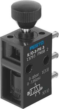 Festo 13793 pushbutton valve K/O-3-PK-3 With barbed fitting connection for tubing ND 3 mm. Actuation via pushbutton. Depending on the choice of connection, normally-open or normally-closed function. Valve function: 3/2 open/closed, monostable, Standard nominal flow r