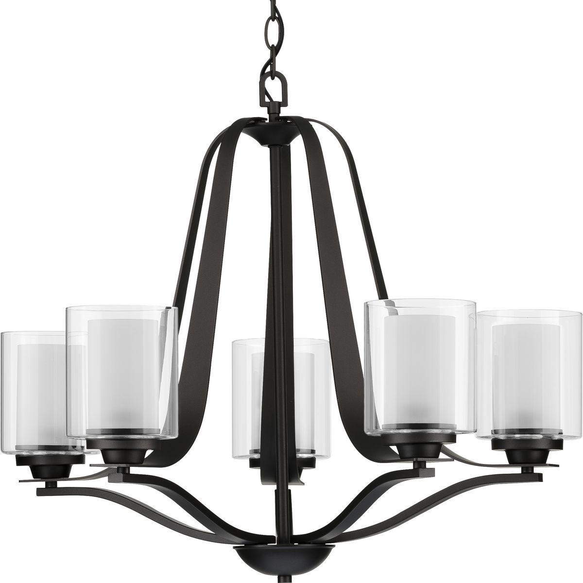 Hubbell P400095-143 Add a modern romance to the heart of your home with this lovely chandelier. Quiet etched glass diffusers are surrounded by clear outer glass shades for a soft, luxurious touch. The shades sit on an elegant graphite frame with gently flowing arms.  ; Quiet