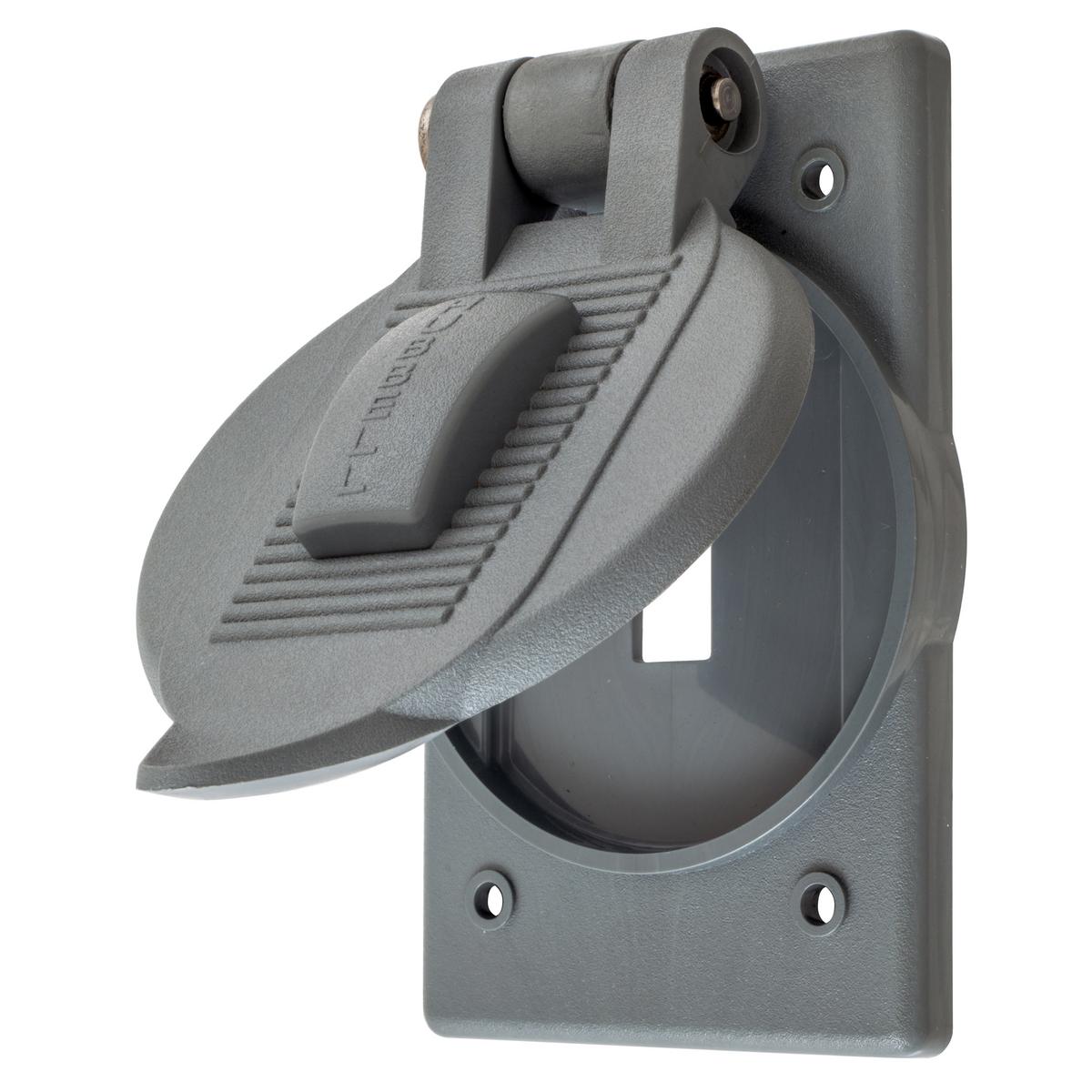 Hubbell HBL5201 Wall Plates and Covers, Weatherproof Cover, 1-Gang, 1) Toggle, PBT, Gray  ; Weatherproof for outdoor use ; Rated for use in damp and wet locations with cover closed ; Vertical 4 screw box mount ; Marine Drip Proof