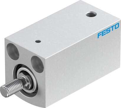 Festo 188107 short-stroke cylinder AEVC-16-25-A-P No facility for sensing, piston-rod end with male thread. Stroke: 25 mm, Piston diameter: 16 mm, Spring return force, retracted: 5 N, Cushioning: P: Flexible cushioning rings/plates at both ends, Assembly position: Any