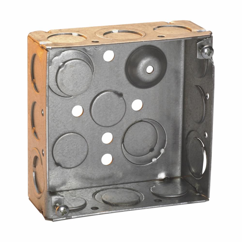 Eaton TP403 Eaton Crouse-Hinds series Square Outlet Box, (2) 1/2", (2) 1/2", (1) 3/4" E, 4", Conduit (no clamps), Welded, 2-1/8", Steel, (8) 1/2",(4) 1/2", (1) 3/4" E, 30.3 cubic inch capacity