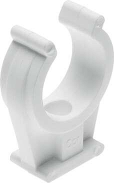 Festo 550597 pipe clamp PQ-RK-18-B For mounting pipes with outside diameters 12, 15, 18, 22 and 28 mm, colour: white, conforms to RoHS. Nominal size: 18 mm, Container size: 10, Ambient temperature: -25 - 85 °C, Product weight: 4 g, Materials note: Conforms to RoHS