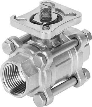 Festo 4809123 ball valve VZBE-21/2-T-63-T-2-F0710-V15V16 Stainless steel, 2/2-way, nominal width 21/2", top flange F0710, PN63, ASME B1.20.1 - NPT. Design structure: 2-way ball valve, Type of actuation: mechanical, Sealing principle: soft, Assembly position: Any, Mount