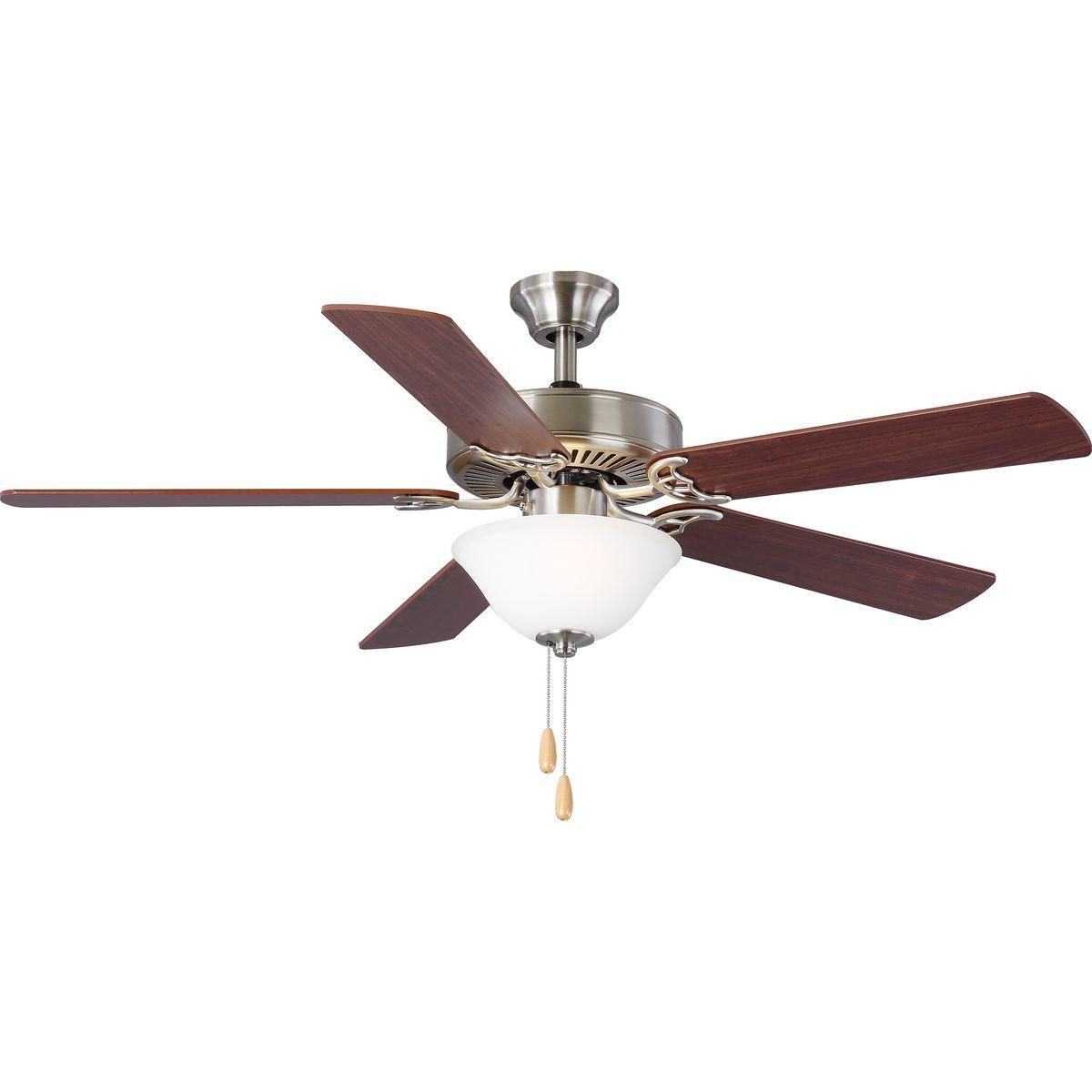 Hubbell P2599-09 A 52 in two-light, five-blade fan with reversible blades and a beautifully crafted white etched glass bowl. Powerful AirPro motor features 3-speed control that can also be reversed to provide year-round comfort. Two medium-based LED lamps are included (no