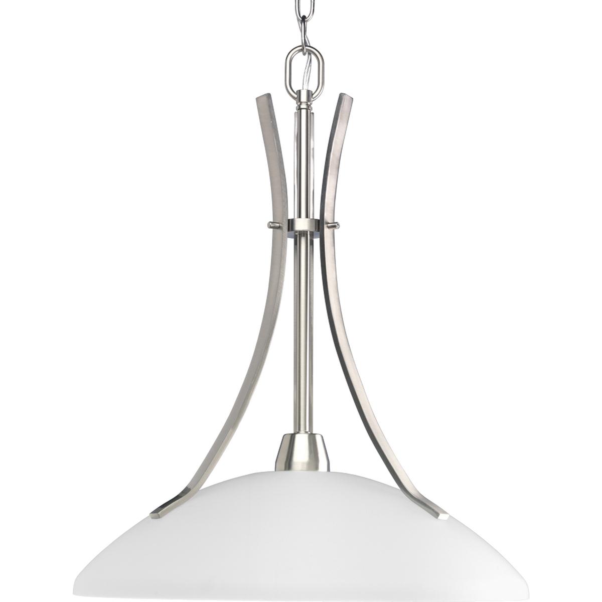 Hubbell P5112-09 The Wisten Collection features sweeping arcs framing elegant, tapered glass shades. Cool and modern with a casual flair, Wisten provides a signature look to any room. One-light pendant with etched glass in a Brushed Nickel finish.  ; Sweeping arms framing