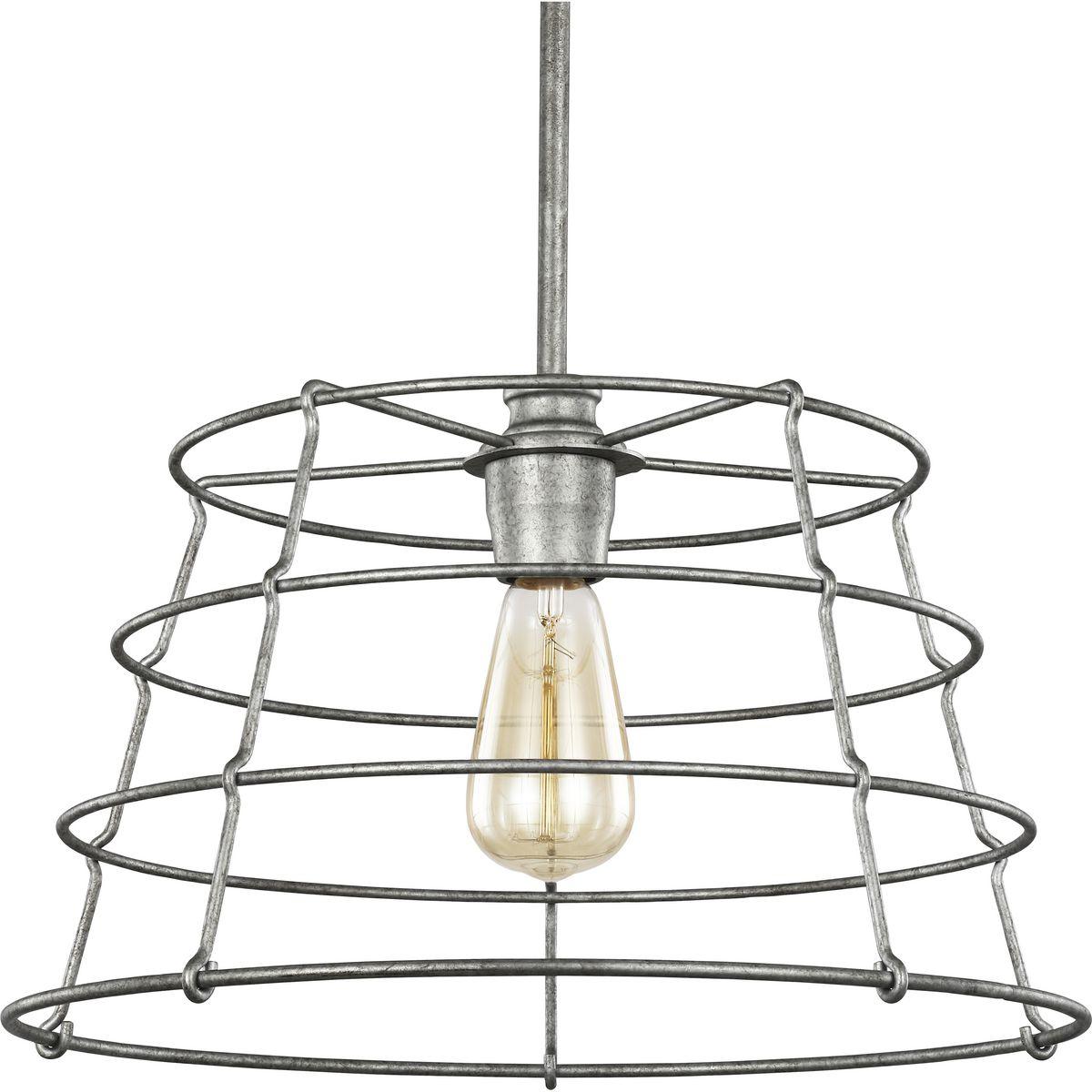 Hubbell P500282-141 Foster a down-home décor theme with this rustic pendant. A simple egg-basket-inspired wire-frame shade grants the light fixture its signature country-look. Inside the open-cage shade is a vintage light bulb coated in a farmhouse-style galvanized finish.  