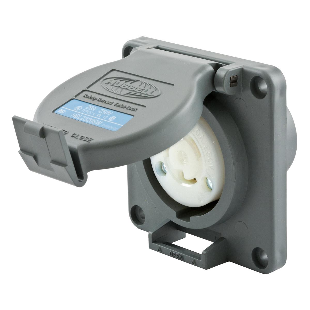 Hubbell HBL2320SW Locking Devices, Twist-Lock®, Industrial, Watertight Safety-Shroud® Receptacle, 20A 250V, 2-Pole 3-Wire Grounding, NEMA L6-20R, Screw Terminal, PBT housing and flange, Gray.  ; UL type 4X environmental seal while in use and when closed ; High impact, ther