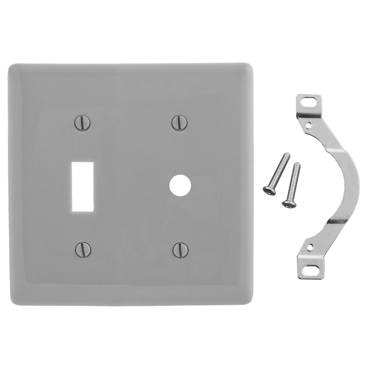 Hubbell NP112GY Wallplates, Nylon, 2-Gang, 1) Toggle, 1) .406" Opening, Gray  ; Reinforcement ribs for extra strength ; High-impact, self-extinguishing nylon material ; Captive screw feature holds mounting screw in place ; Standard Size is 1/8" larger to give you extra c