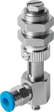 Festo 189245 suction cup holder ESH-HDL-2-QS with increased height compensator, vacuum connection at side, compensator secured by two hexagonal nuts. Height compensator for suction-cup holder: 10 mm, Volume: 0,26 cm3, Assembly position: Vertical, Design structure: (* 