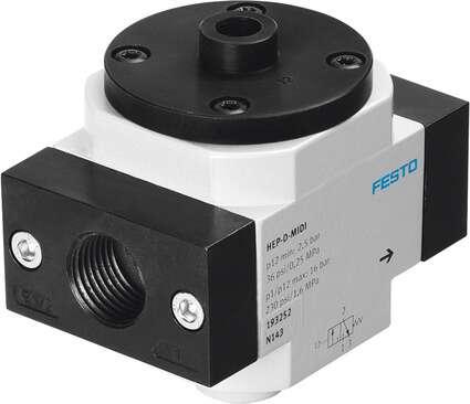 Festo 193260 on-off valve HEP-1-D-MAXI Used in conjunction with service units. Design structure: Piston slide, Type of actuation: pneumatic, Sealing principle: soft, Exhaust-air function: not throttleable, Manual override: None