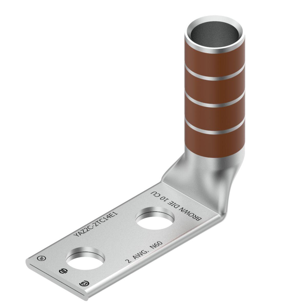 Hubbell YAZ2C2TC14E290 2 AWG CU, Two Hole, 1/4 Stud Size, 3/4 Hole Spacing, Long Barrel, Inspection Window Internal Chamfer, Tin Plated, UL/CSA, 90°C, Up to 35kV, Brown Color Code, 10 Die Index. 