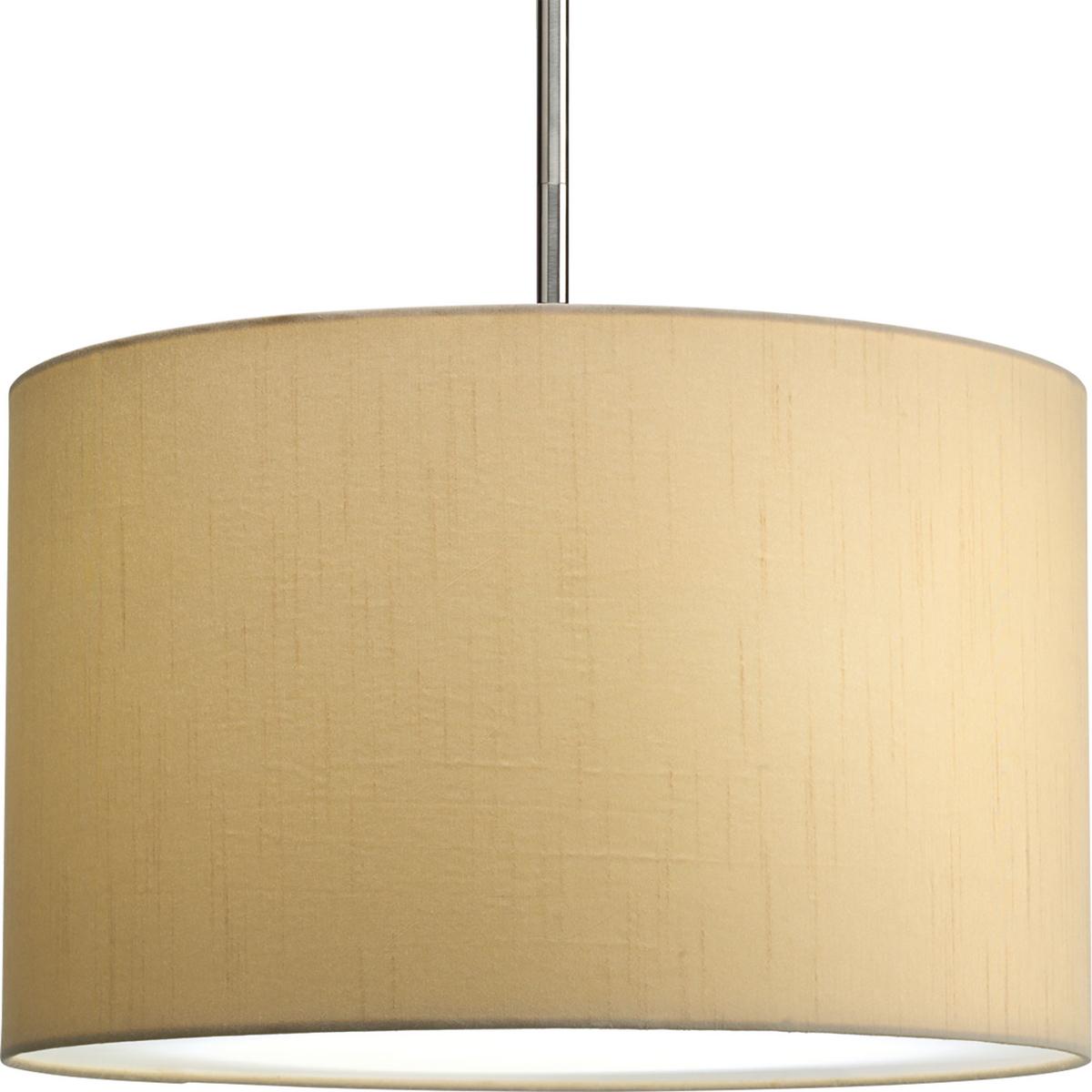 Hubbell P8823-01 The Markor Series is a modular pendant system. The versatile series allow the choice of shades and stem kits. This 16" shade with Beige Silken fabric is inspired by mid-century design. Acrylic bottom diffuser. This shade can be used with a variety of stem