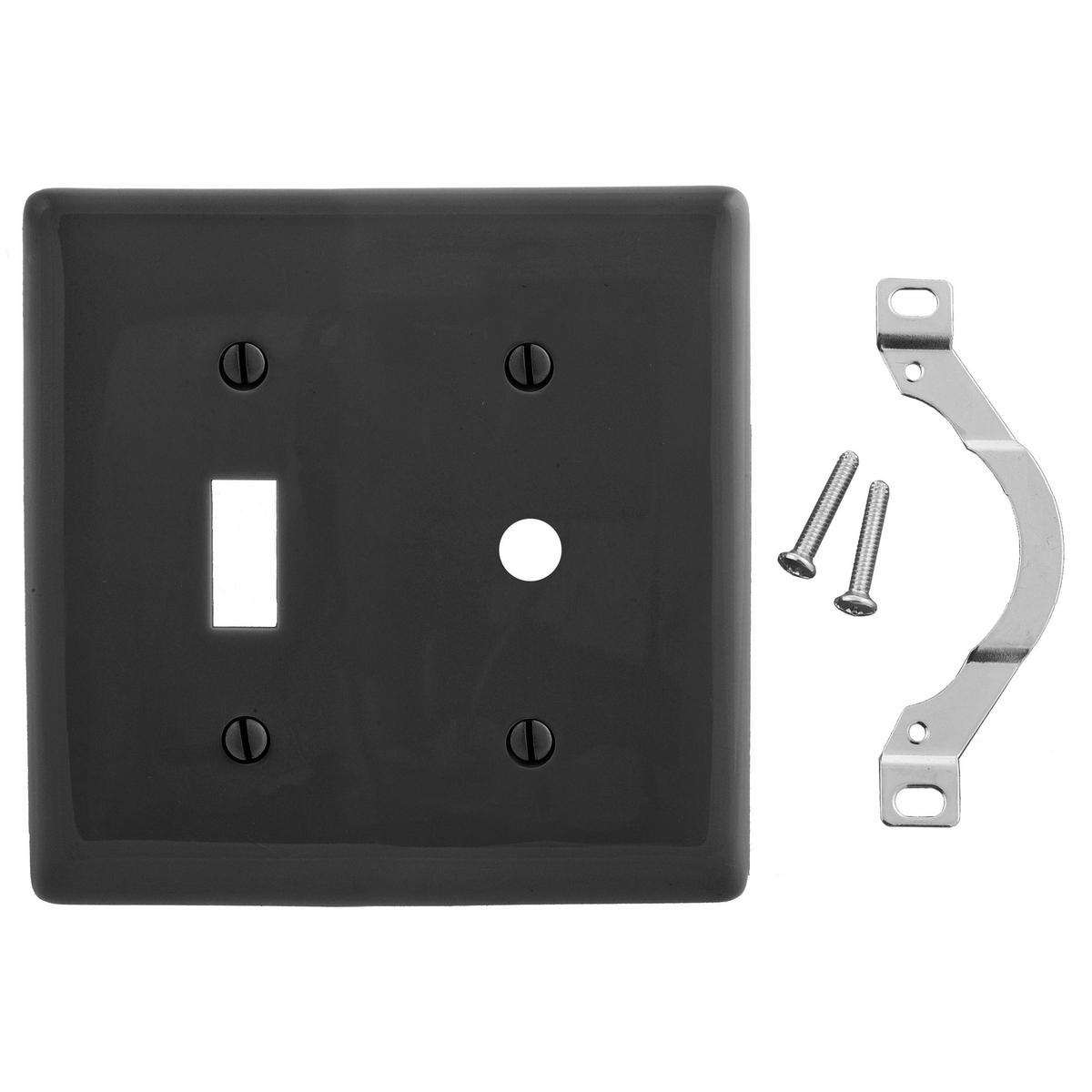 Hubbell NP112BK Wallplates, Nylon, 2-Gang, 1) Toggle, 1) .406" Opening, Black  ; Reinforcement ribs for extra strength ; High-impact, self-extinguishing nylon material ; Captive screw feature holds mounting screw in place ; Standard Size is 1/8" larger to give you extra 