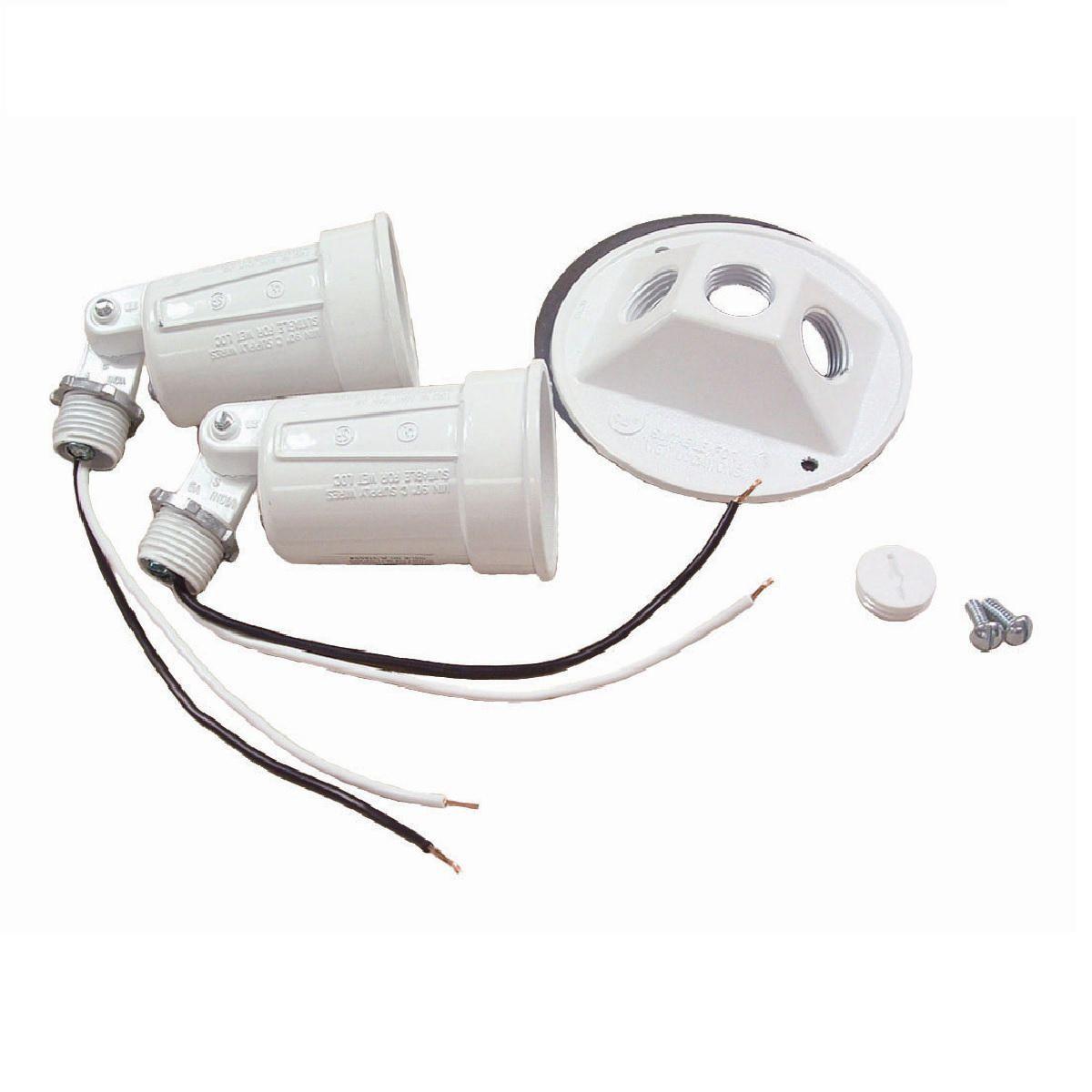 Hubbell 5625-6 4 in. Round Weatherproof Combination Cover for 75-150W Par 38 Lamps, Includes 2 Lampholders, Gasket, and Hardware, White, Carded  ; Rugged die cast constructions. ; State-of-the-art powder coat finish provides maximum weatherability and scratch resistance