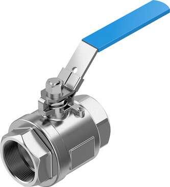 Festo 4745223 ball valve VZBE-2-T-63-D-2-M-V15V15 Stainless steel, manual version, 2/2-way, nominal width 2", PN63, ASME B1.20.1 - NPT. Design structure: 2-way ball valve with hand lever, Type of actuation: mechanical, Sealing principle: soft, Assembly position: Any, M
