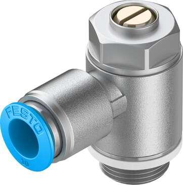 Festo 193151 one-way flow control valve GRLA-3/8-QS-10-D Valve function: One-way flow control function for exhaust air, Pneumatic connection, port  1: QS-10, Pneumatic connection, port  2: G3/8, Adjusting element: Slotted head screw, Mounting type: Threaded