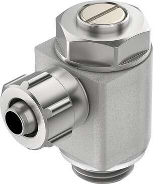 Festo 151197 one-way flow control valve GRLZ-1/4-PK-6-B For supply air flow control, with swivel joint. Valve function: one-way flow control function for supply air, Pneumatic connection, port  1: Male thread G1/4, Pneumatic connection, port  2: for barbed connector i