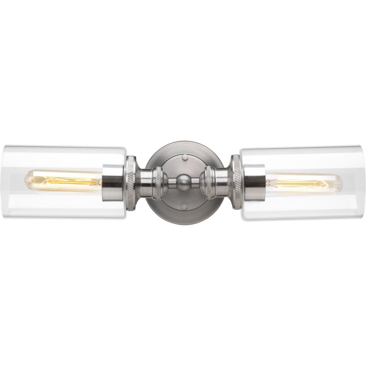 Hubbell P2809-81 This two-light bath & vanity fixture offer a vintage electric feel. Clear glass shades featured on either side of the back plate. Two-toned finish antique nickel with polished chrome accents. Can be mounted horizontally or vertically.  ; Ideal for a bathr