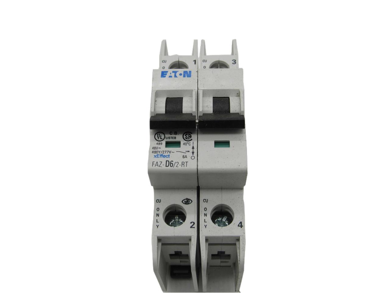 Eaton FAZ-D6/2-RT 277/480 VAC 50/60 Hz, 6 A, 2-Pole, 10/14 kA, 10 to 20 x Rated Current, Ring Tongue Terminal, DIN Rail Mount, Standard Packaging, D-Curve, Current Limiting, Thermal Magnetic