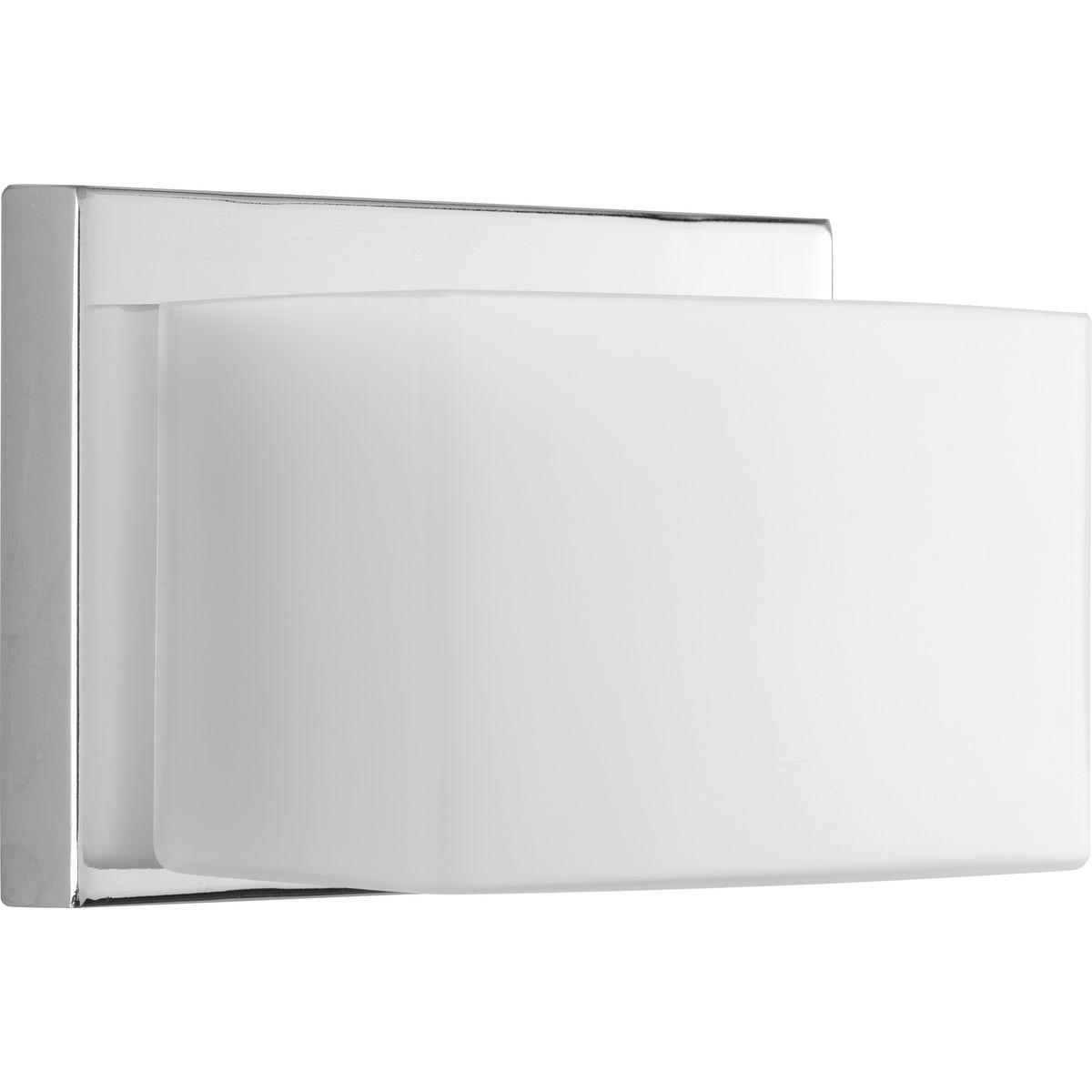 Hubbell P2142-1530K9 One-Light LED modern wall fixture in Polished Chrome with geometric frosted glass shades that provides evenly diffused light. This modern sconce is perfect for the bath or hallway. 3000K color temperature and 90 plus CRI.  ; Ideal for a bathroom ; Perfect