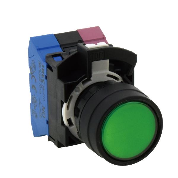 Idec HW1L-M1P10QH2Y 22mm Moment Pushbutton Lighted, IP20 Finger-safe contact block with Push-in terminals,  UL listed, CSA certified, TUV approved, and CE marked,
Super bright LED illumination, UL Type 4X, IP65, 600V/10A contacts with a wide operating range from 5mA at 3V AC