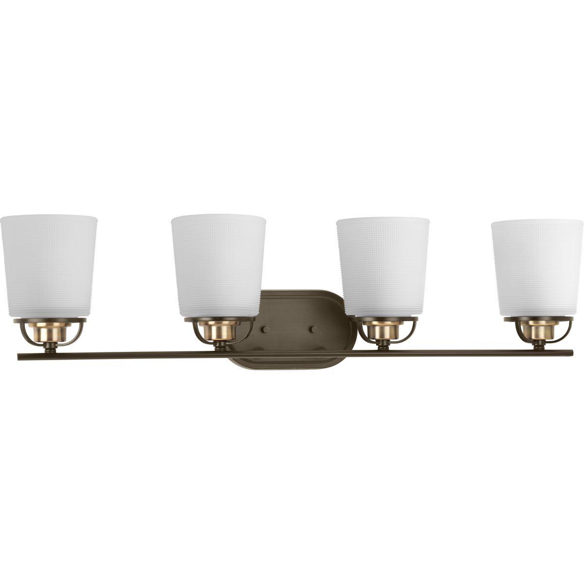 Hubbell P300007-020 A modern form with industrial-inspired accents are featured in West Village. Double prismatic glass shades provide a beautiful illumination effect. Visual interest continues with a three-spoke design that holds each glass shade. Antique Bronze with Antiqu