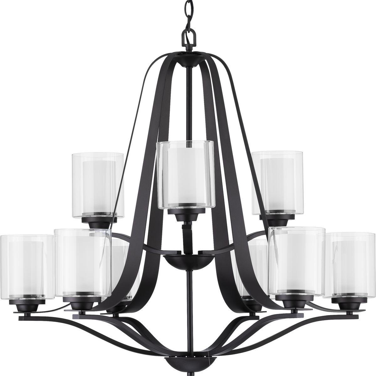 Hubbell P400096-143 Add a modern romance to the heart of your home with this lovely chandelier. Quiet etched glass diffusers are surrounded by clear outer glass shades for a soft, luxurious touch. The shades sit on an elegant graphite frame with gently flowing arms.  ; Quiet